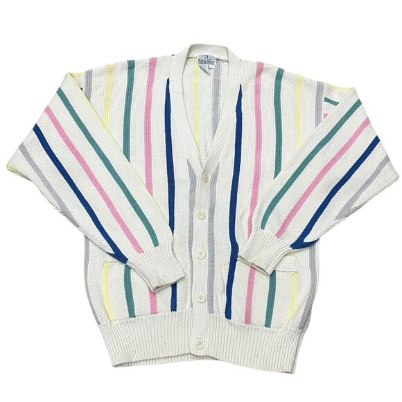 Neiman Marcus Other - Neiman Marcus Grandpa Sweater Mens Size L Cardigan Cotton Striped 80s Colorful